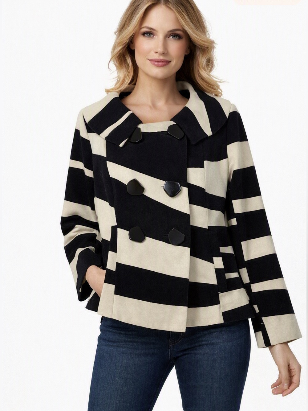 Etcetera Black Cream Striped Swing Jacket Size 4 Mod